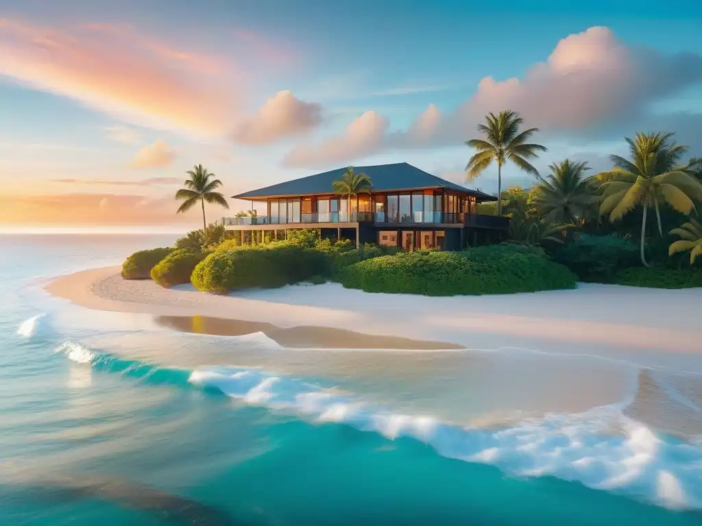 Paraíso costero al atardecer: villa de ensueño frente al mar Vida junto al mar tours: Villa lujosa en atardecer dorado, sombras de palmeras en playa de aguas turquesa bajo cielo anaranjado y rosado