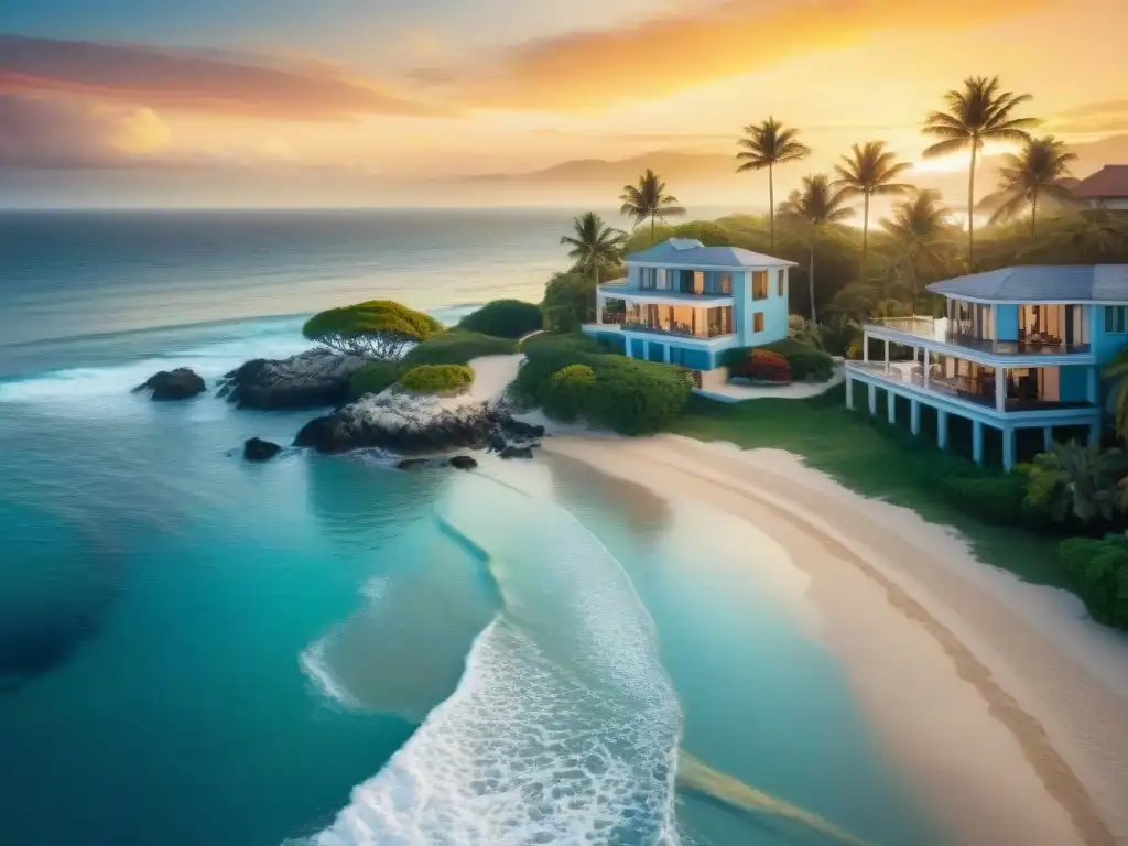 Paraíso costero al atardecer: lujo, amor y naturaleza en armonía Vida junto al mar: pareja camina en la playa al atardecer, propiedades costeras de lujo