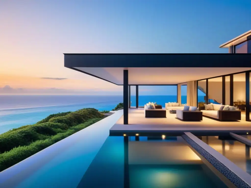 Villa de lujo con domótica en la playa al atardecer Vida junto al mar personalizada en villa moderna de lujo al atardecer con tecnología domótica integrada