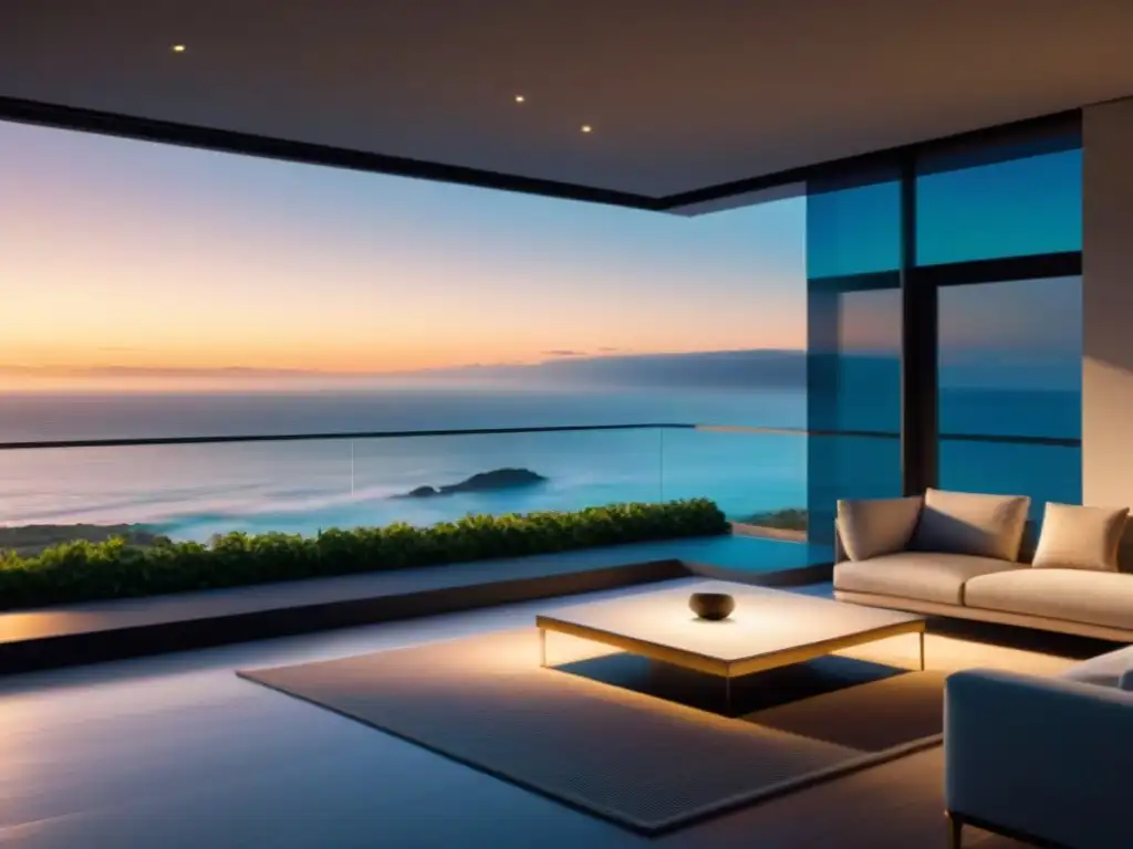 Casa inteligente de lujo frente al mar al atardecer Vida junto al mar personalizada en moderna casa inteligente con atardecer dorado de fondo