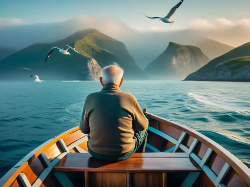 Pescador contemplando el mar al amanecer La vida junto al mar: un pescador anciano en su bote de madera, mirando al vasto océano al amanecer, seagulls en el fondo