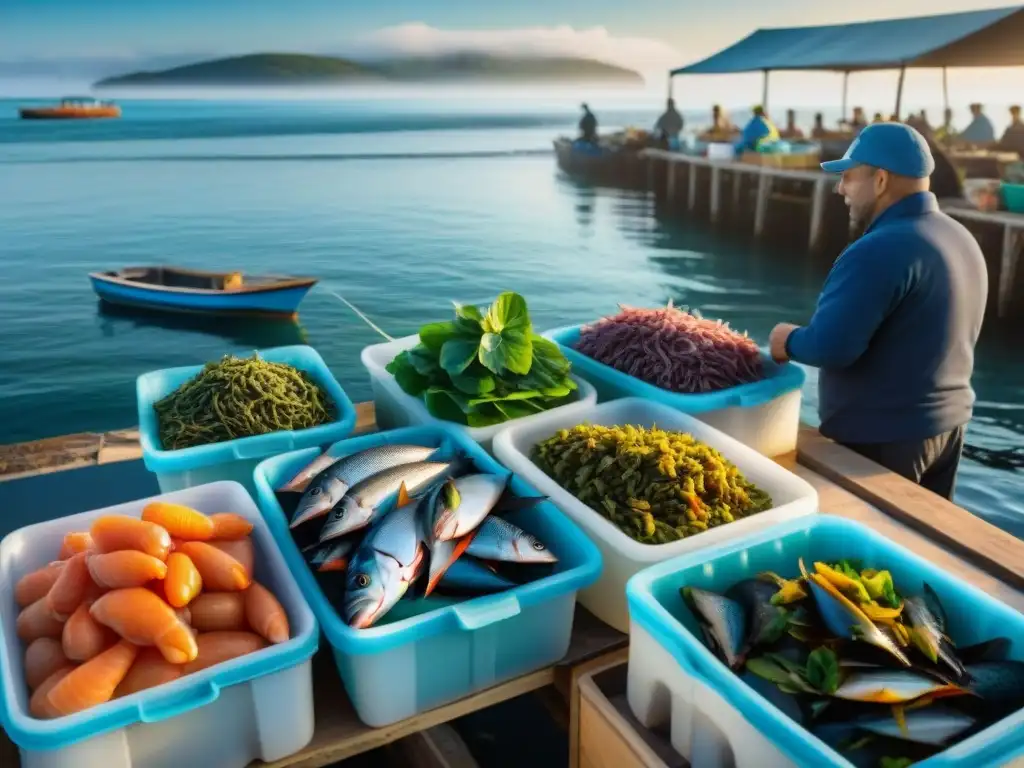 Mercado de pescado vibrante en muelle costero Vida cerca del mar: pescado fresco en bullicioso mercado pesquero con pescadores descargando capturas bajo cielo azul