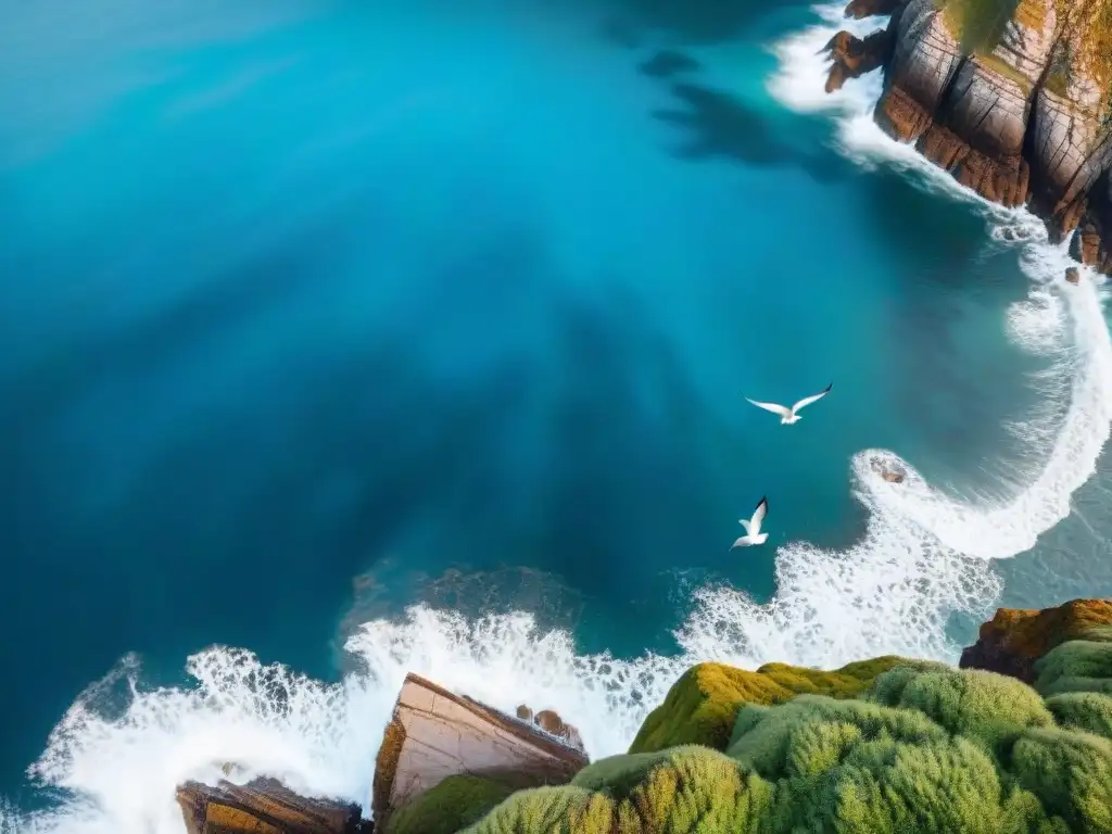Patrones marinos: belleza y poder del mar en alta resolución Vida marina dinámica en propiedades costeras, aguas azules y rocas rugosas bajo cielo despejado, con gaviotas
