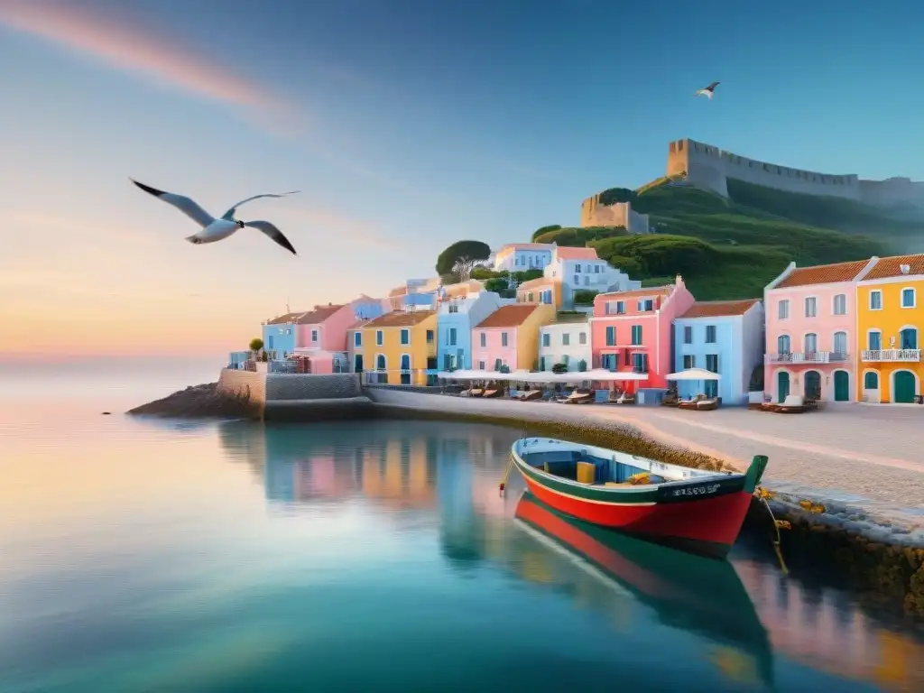 Pintoresco pueblo costero al amanecer: serenidad y calma junto al mar Vida marina tranquila en seguro pueblo costero al amanecer