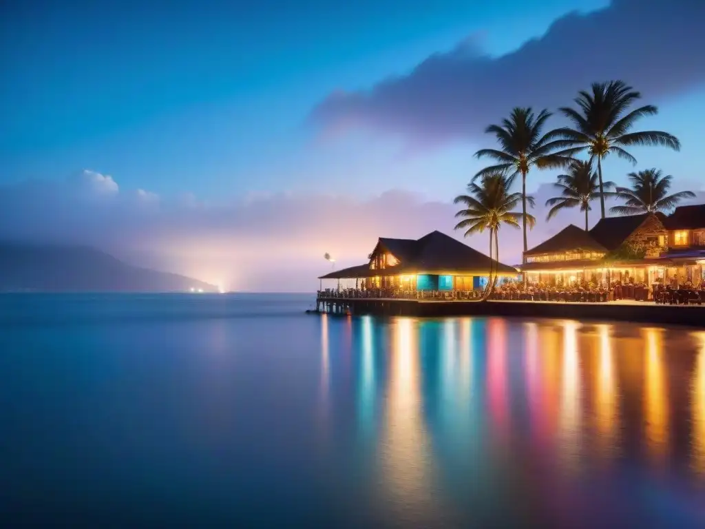 Noche costera vibrante: luces, siluetas y diversión Vida nocturna en comunidades costeras: escena vibrante con luces coloridas reflejándose en el agua, personas disfrutando de actividades nocturnas