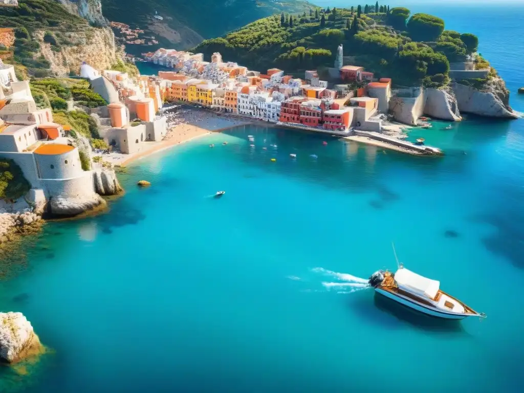 Escena costera mediterránea: vida relajada junto al mar Vida saludable en un pintoresco pueblo costero del Mediterráneo con pescadores y locales disfrutando de la dieta mediterránea