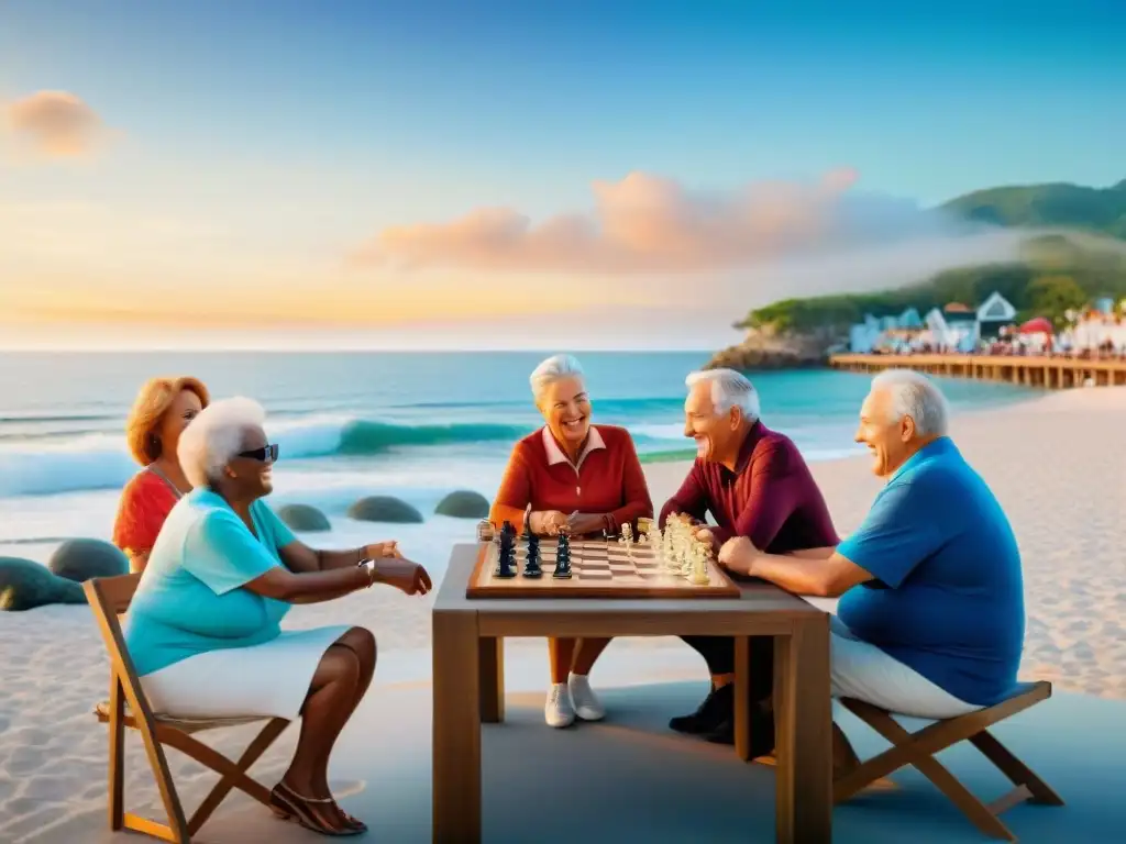 Retirados felices disfrutan de actividades sociales en paseo costero Retirados disfrutando de una vida social en propiedades costeras con juegos de ajedrez, yoga en la playa y charlas animadas en un atardecer vibrante