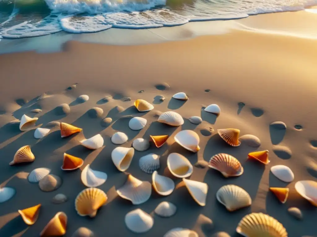 Costa al amanecer: belleza natural y serenidad costera Vida sostenible en propiedades costeras: amanecer en la playa con conchas y gaviotas