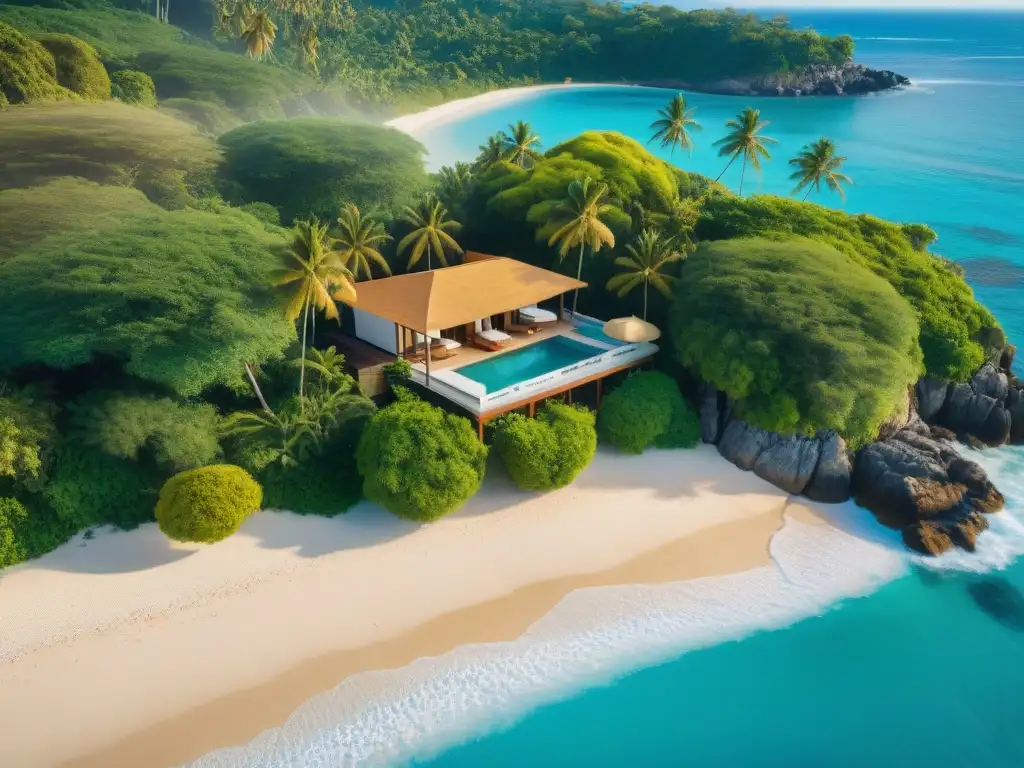 Villa de ensueño en costa privada entre palmeras Una villa costera aislada entre vegetación exuberante, con playa privada y sol poniente