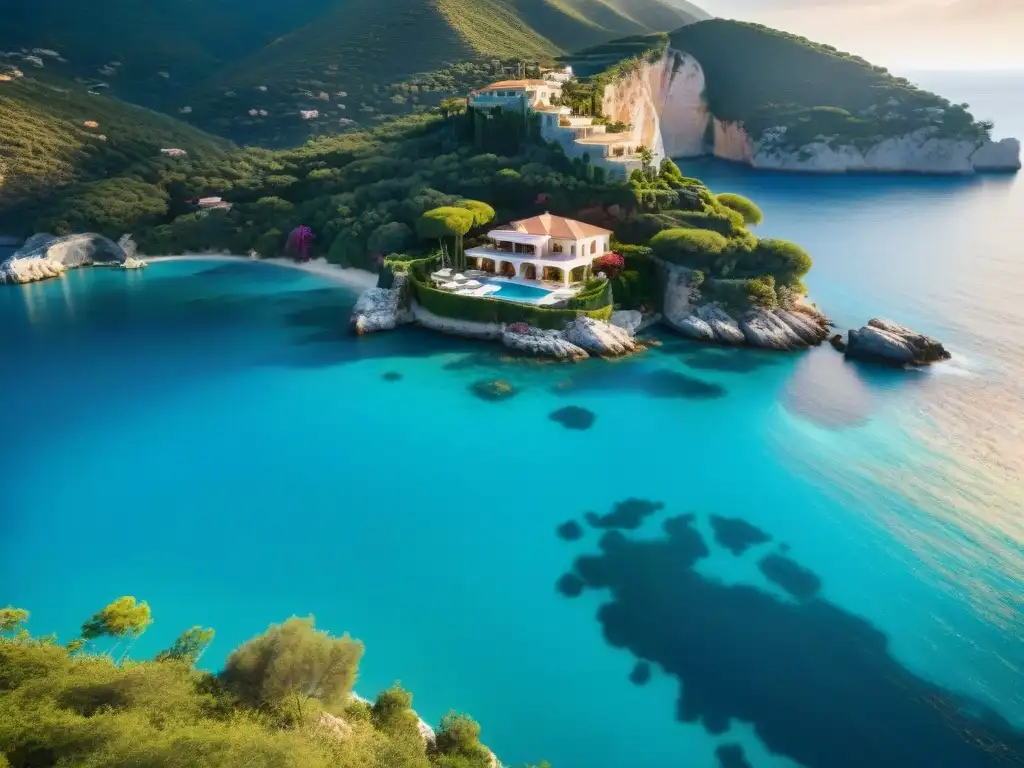 Villa de lujo en acantilado con vista al mar Mediterráneo Una villa italiana en la costa, con vistas al mar turquesa y rodeada de vegetación exuberante, mientras el sol se pone en el horizonte
