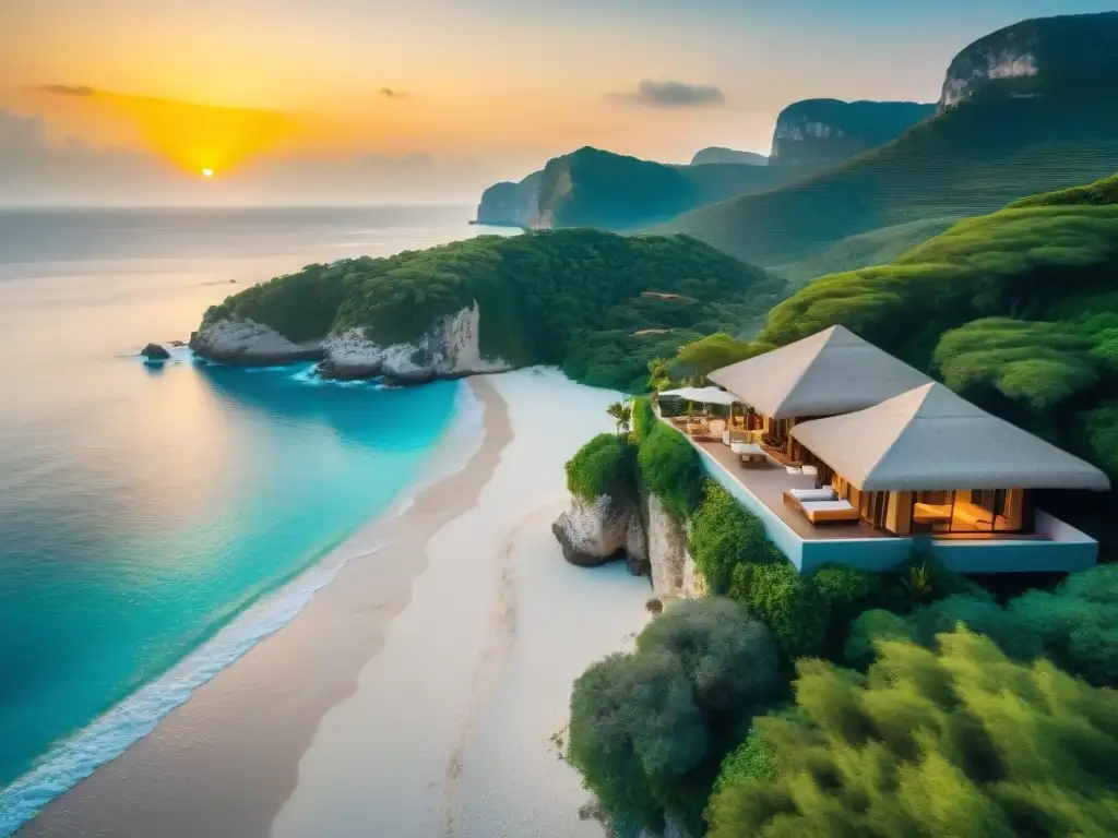 Villa de lujo en acantilados: atardecer romántico en la playa privada Villa de lujo en acantilado con pareja cenando en terraza al atardecer