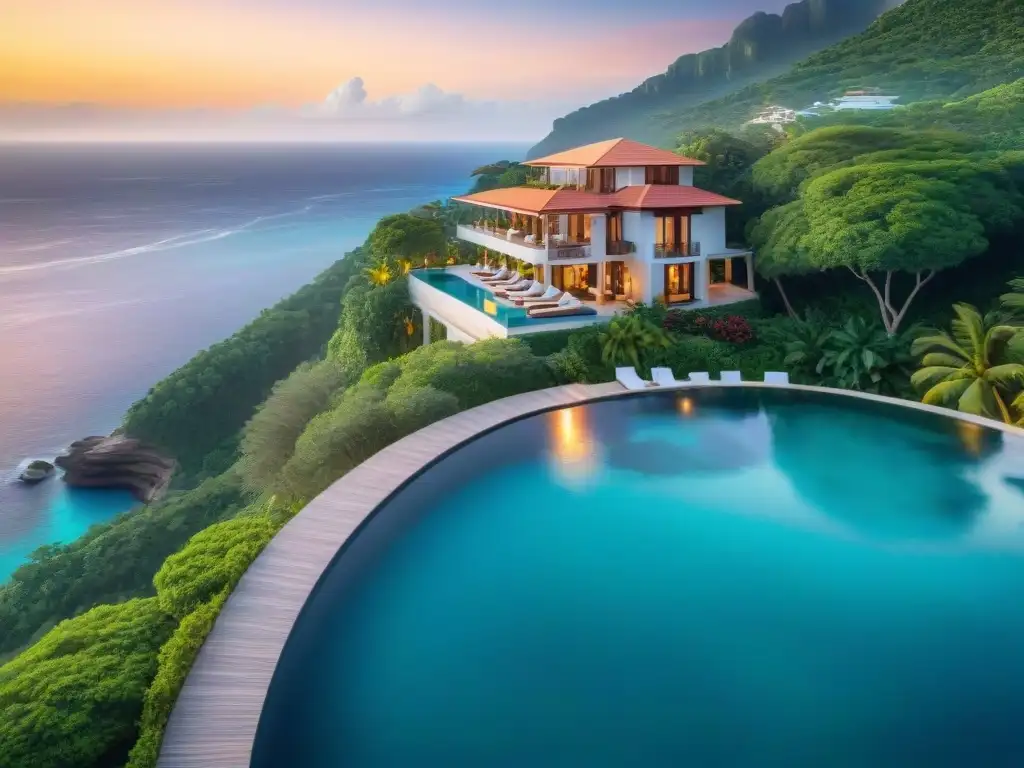 Villa de lujo en acantilado: atardecer dorado sobre aguas turquesas Villa de lujo en acantilado con piscina infinita, ventanas panorámicas y jardines tropicales