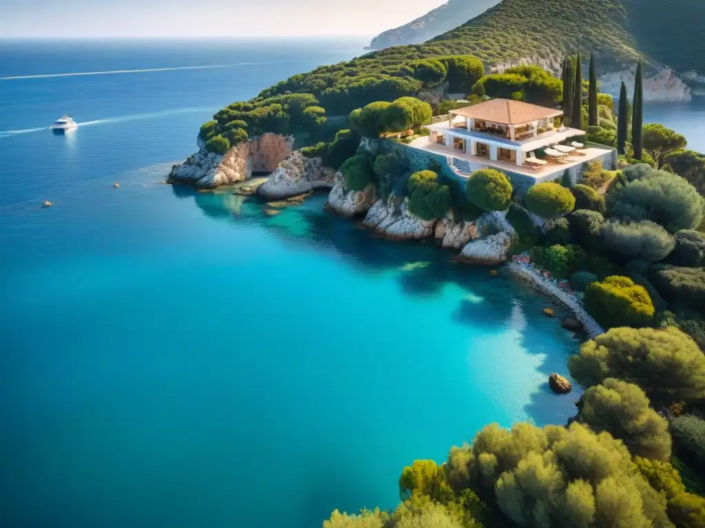 Villa de lujo en acantilado: reflejos dorados sobre el Mediterráneo Villa de lujo en acantilado con piscina infinita y vista al mar Mediterráneo