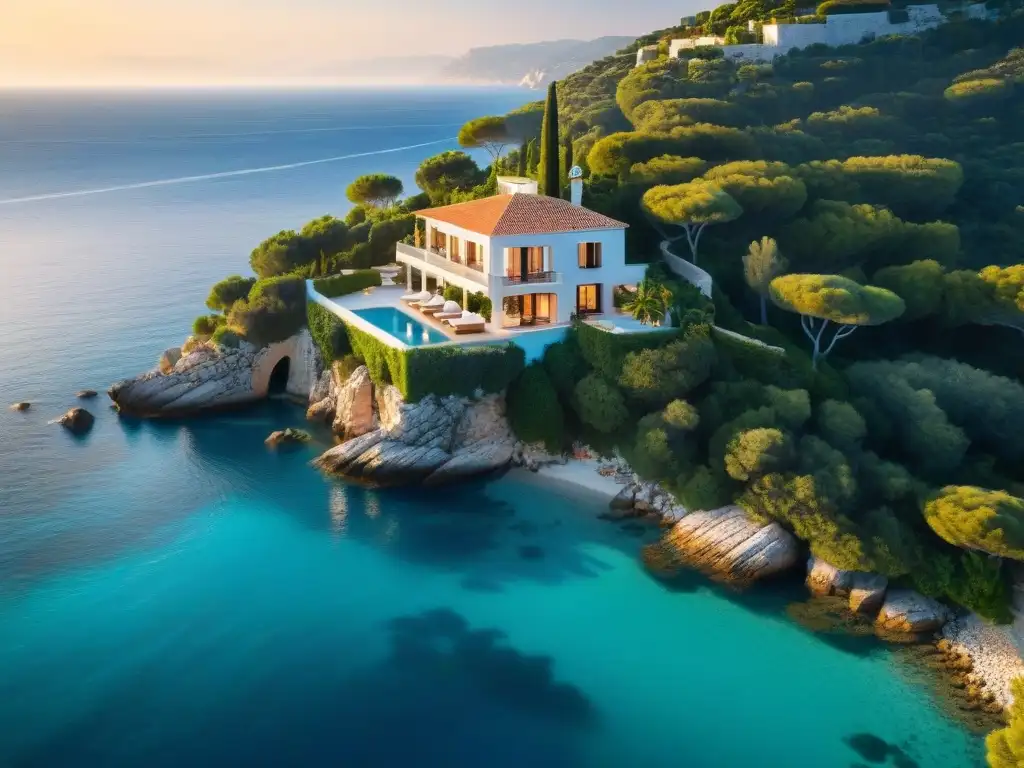 Villa de lujo en acantilado junto al mar: atardecer en el Mediterráneo Villa de lujo en acantilado con vistas al Mediterráneo al atardecer