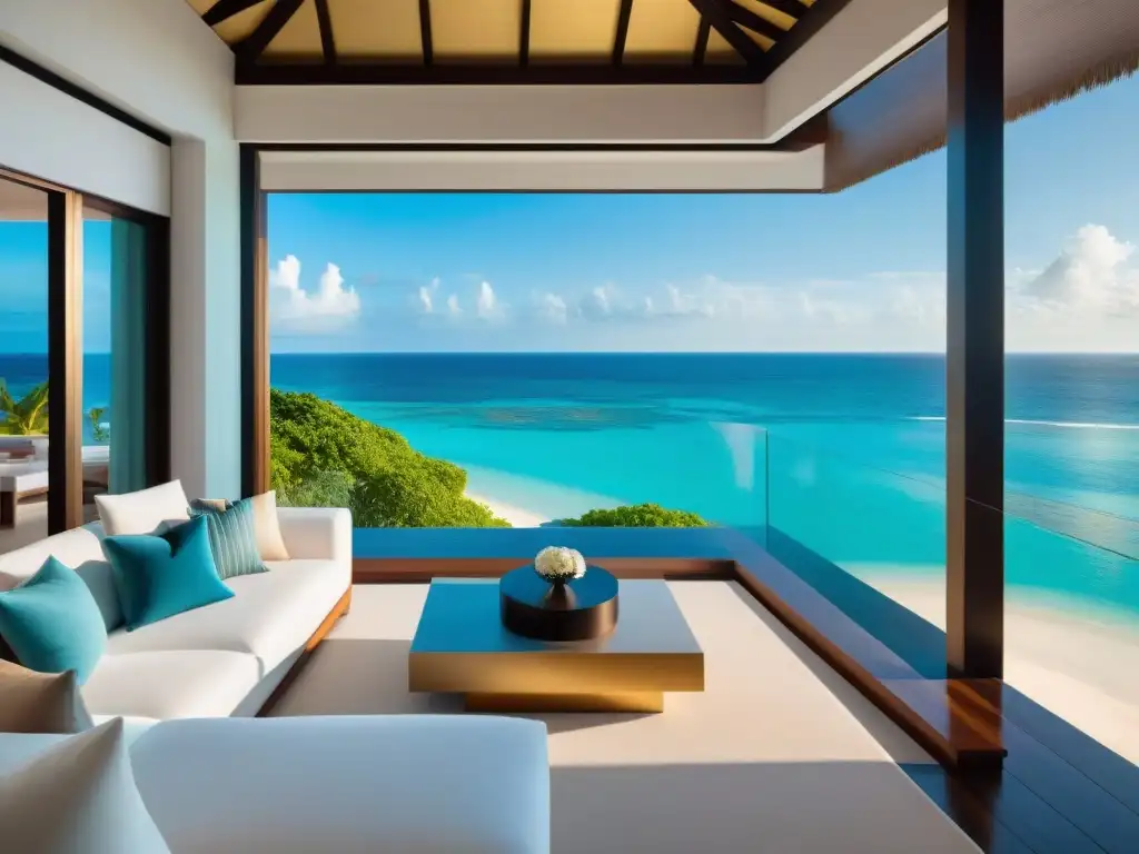 Villa de lujo frente al mar: diseño elegante y vistas espectaculares Villa de lujo en la costa con decoración de alta gama y vistas al mar turquesa al atardecer