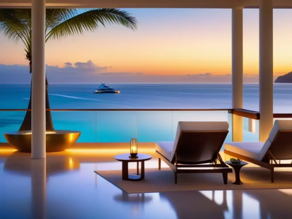 Villa de lujo frente al mar al atardecer: opulencia y tranquilidad Villa de lujo en la costa al atardecer, con pareja disfrutando vino en terraza amplia
