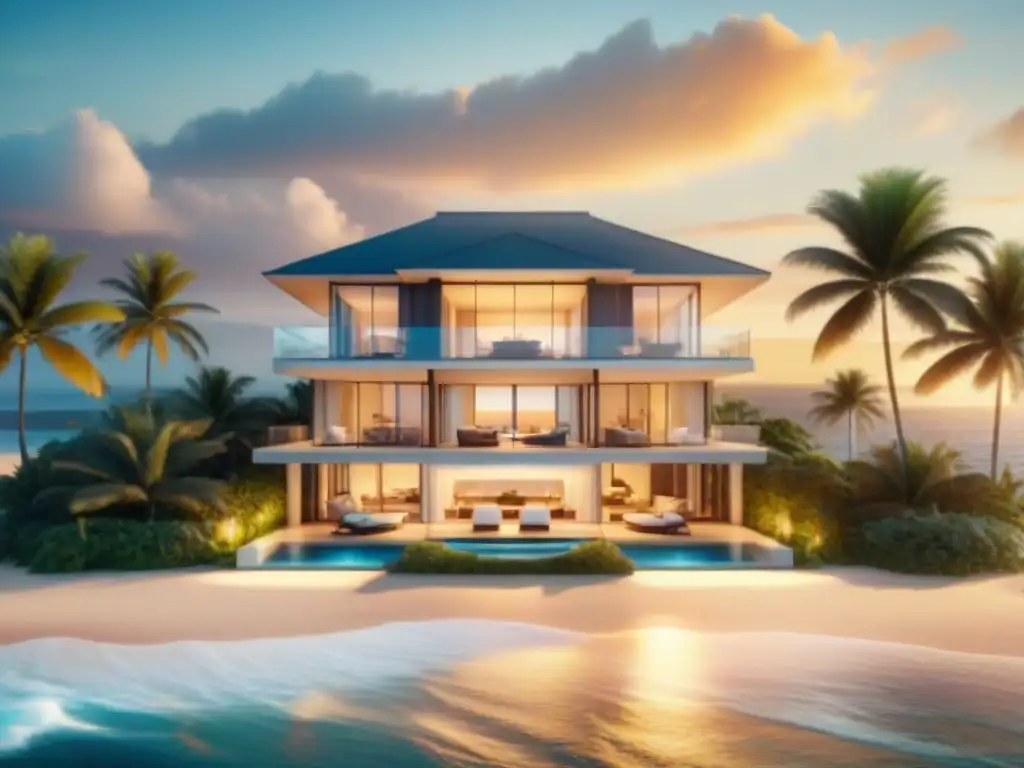 Villa de lujo en la costa al atardecer: 3D inmobiliario Una villa de lujo en la costa al atardecer con palmeras, olas y diseño interior moderno
