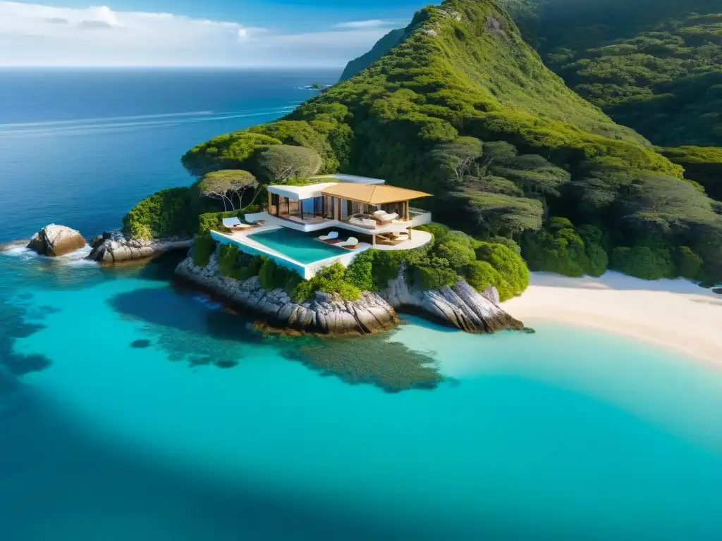 Villa de lujo en acantilado con piscina infinita y vistas al mar Villa de lujo costera en acantilado con piscina infinita privada, rodeada de vegetación exuberante y aguas turquesas