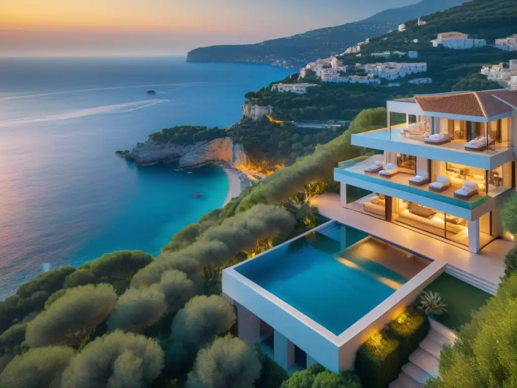 Villa de lujo en acantilados de la Riviera con vistas al mar Villa de lujo en la Riviera: Exclusividad y belleza en un atardecer dorado sobre el Mediterráneo