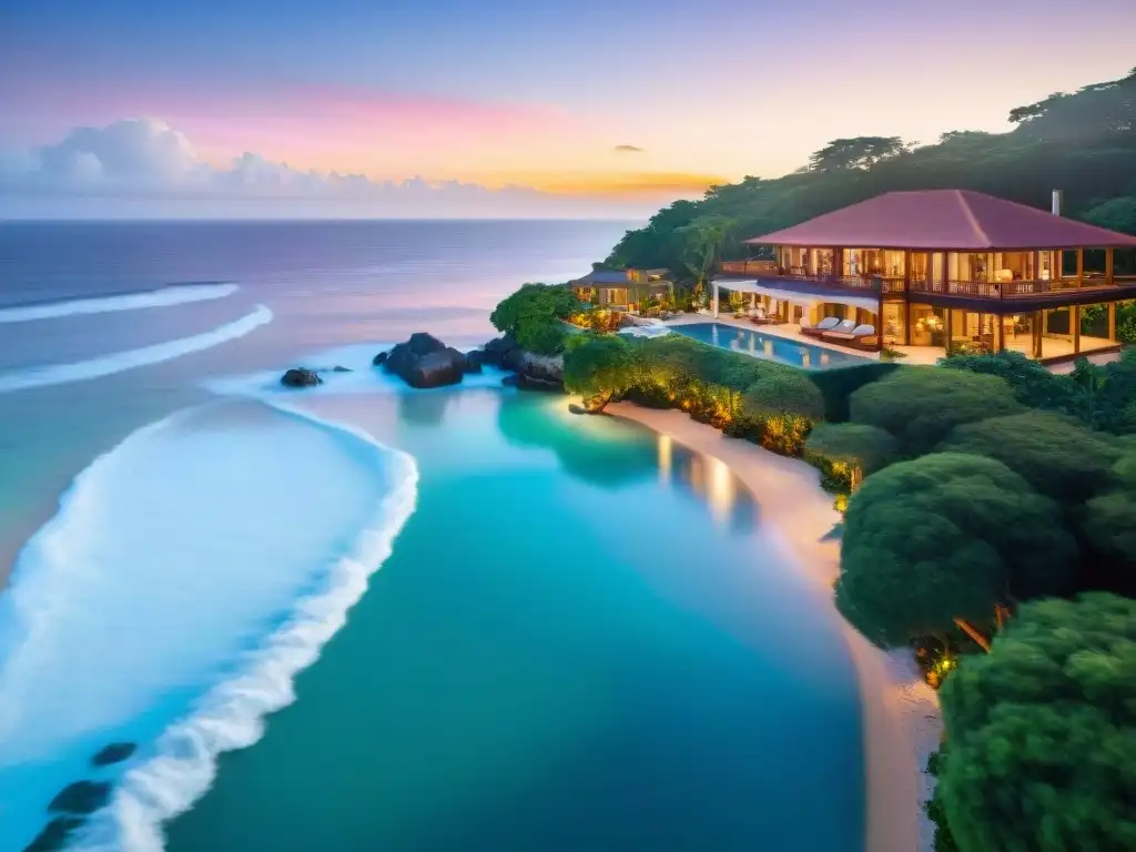 Villa de lujo frente al mar: exclusividad y opulencia Villa de lujo frente a la playa con piscina, jardines tropicales y vistas al mar, destacando exclusividad y opulencia