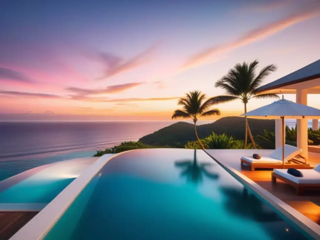 Villa de lujo frente al mar al atardecer: exclusividad y relax Villa de lujo frente al mar al atardecer, con piscina infinita privada y palmeras