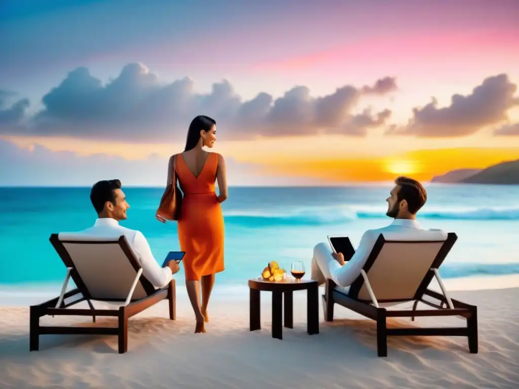 Villa de lujo al atardecer: exclusividad junto al mar Una villa de lujo frente al mar al atardecer con un concierge privado asistiendo a una pareja en sillas de playa junto al océano cristalino