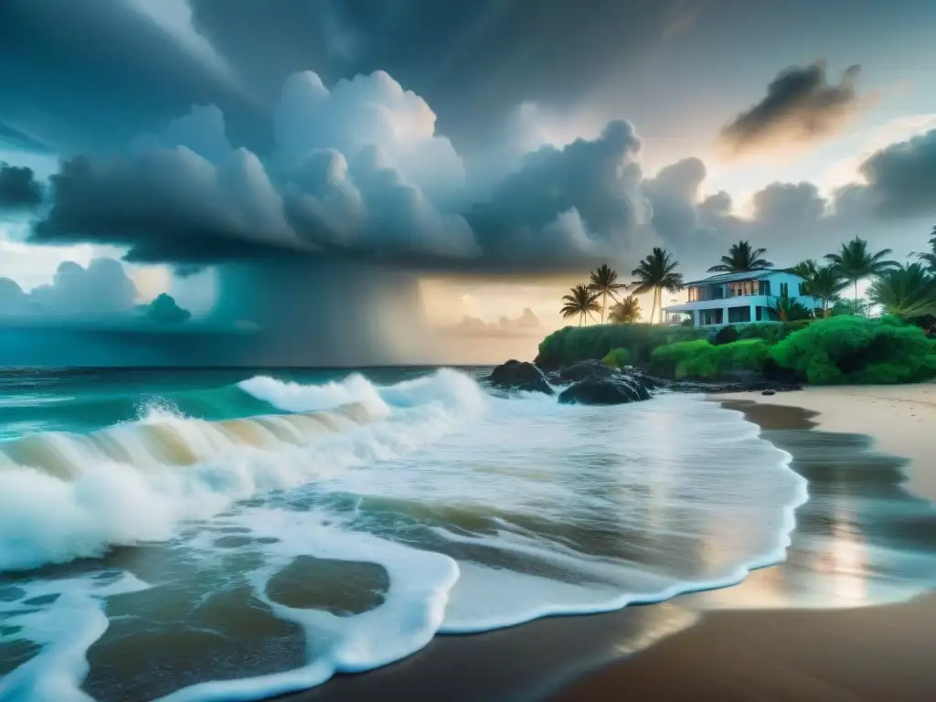 Villa de lujo en la costa: poder y belleza del mar Villa de lujo frente al mar con olas chocando en las rocas, rodeada de palmeras