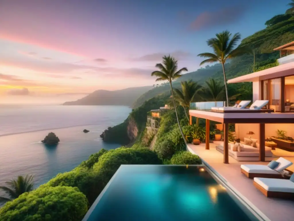 Villa de lujo frente al mar al atardecer con piscina infinita privada Villa de lujo frente al mar con piscina infinita al atardecer, rodeada de vegetación exuberante