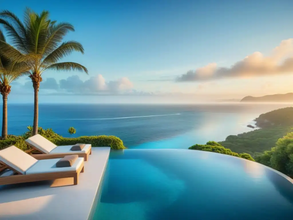 Villa de lujo frente al mar al atardecer Villa de lujo frente al mar con piscina infinita privada al atardecer, pareja disfrutando vino