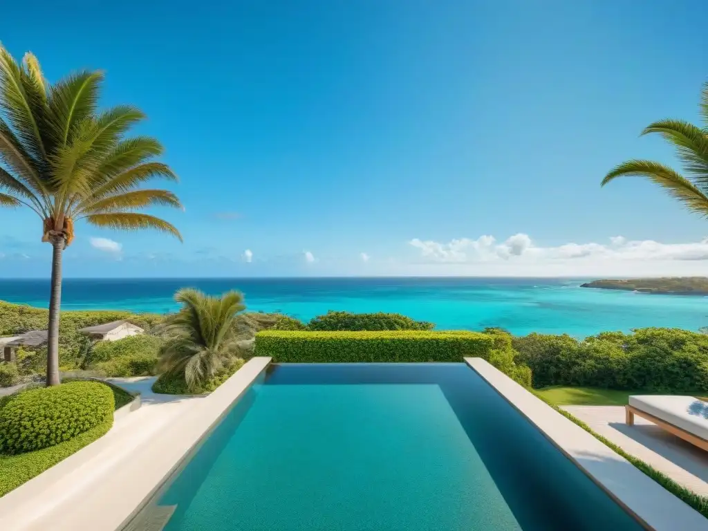 Villa de lujo frente al mar: paraíso costero con diseño moderno Villa de lujo frente al mar rodeada de palmeras en un entorno costero paradisíaco