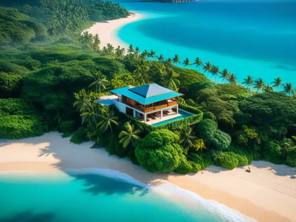 Villa de lujo frente al mar en paraíso tropical Villa de lujo frente al mar rodeada de exuberante vegetación tropical, aguas turquesas y palmeras