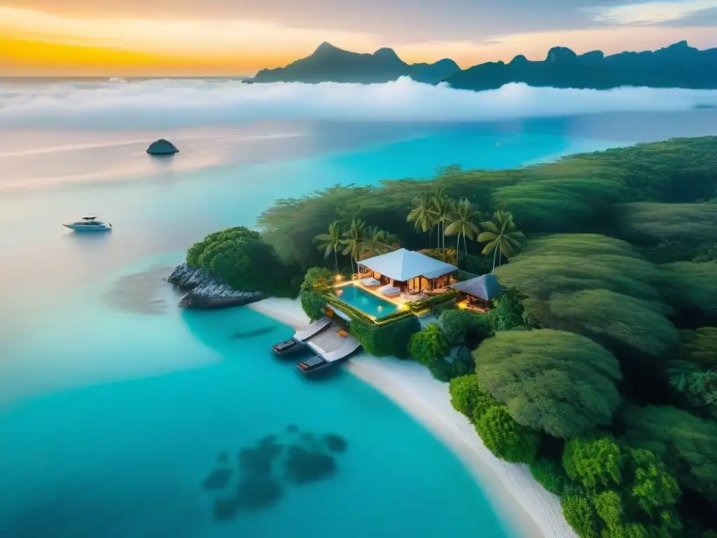 Villa de lujo frente al mar: atardecer dorado y exclusividad Villa de lujo frente al mar con seguro premium, piscina infinita privada y jardines tropicales, rodeada de aguas turquesas y playas blancas