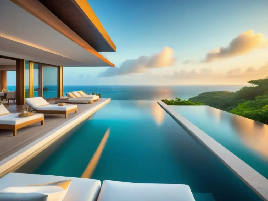 Villa de lujo frente al mar con piscina infinita privada y servicio de mayordomo Una villa de lujo frente al mar con ventanales que muestran el océano, diseño moderno, piscina infinita privada y exuberante jardín tropical