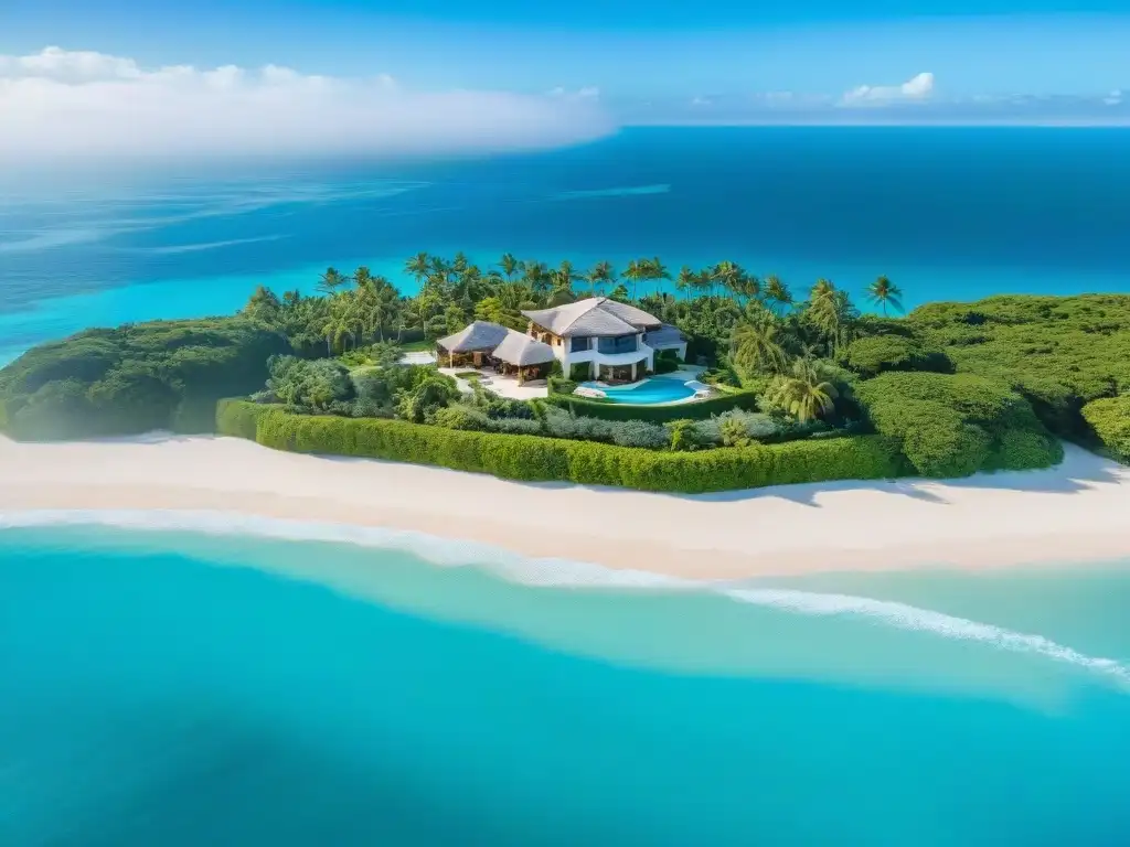 Propiedad costera de lujo con vistas panorámicas al mar y piscina Villa de lujo con piscina en costa: aguas turquesas, vegetación exuberante y playa de arena