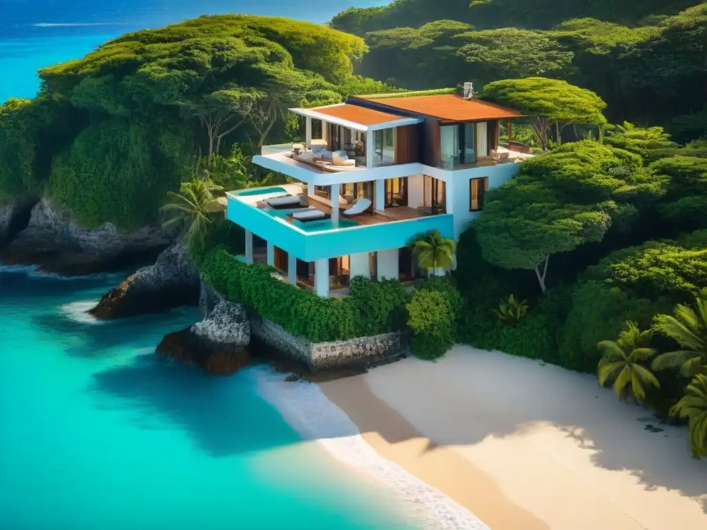 Exclusiva villa de lujo en la costa: moderna arquitectura y vistas al mar Villa de lujo con piscina infinita y vista al mar, rodeada de vegetación exuberante