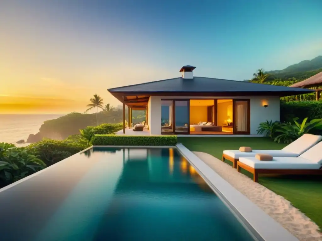 Villa de lujo al atardecer en la playa: la escapada costera perfecta Villa de lujo con piscina infinita en la costa al atardecer, alquiler vacacional perfecto costa