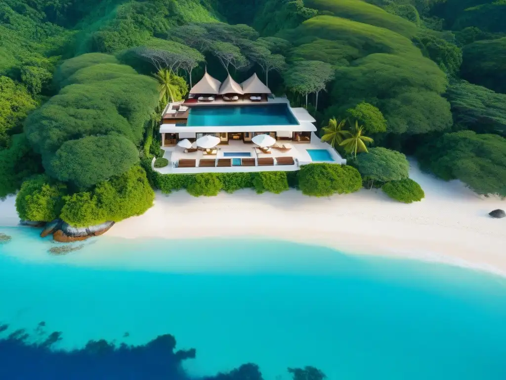 Villa de lujo con piscina infinita privada en playa paradisíaca Villa de lujo con piscina infinity privada en la playa, rodeada de naturaleza exuberante y aguas turquesa cristalinas