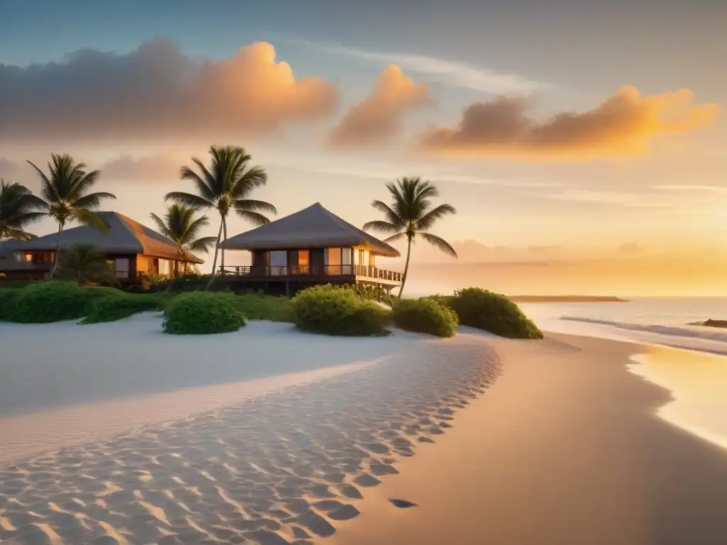 Paraíso playero: atardecer dorado en villa exclusiva Villa de lujo en la playa al atardecer, invitando a la tranquilidad
