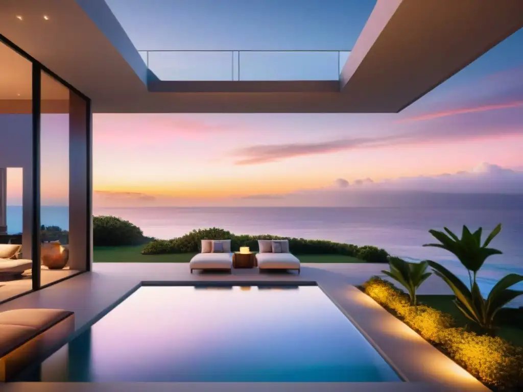 Villa de lujo frente al mar al atardecer: modernidad y elegancia Villa de lujo en la playa al atardecer con tecnología inteligente, reflejos dorados en el mar