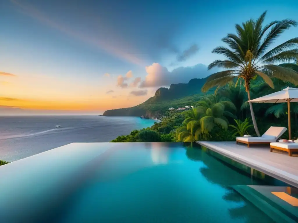 Villa de lujo en paraíso costero al atardecer Una villa de lujo en una propiedad costera paradisíaca, con piscina infinita y vistas al mar al atardecer