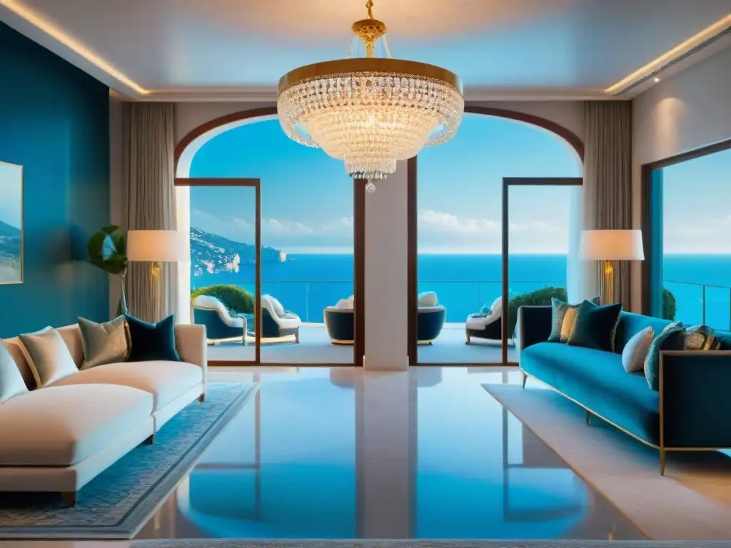 Villa de lujo en la Riviera: opulencia y elegancia frente al mar Villa de lujo en la Riviera con su opulento interior: suelos de mármol, candelabros de cristal, muebles de terciopelo y vistas al mar Mediterráneo