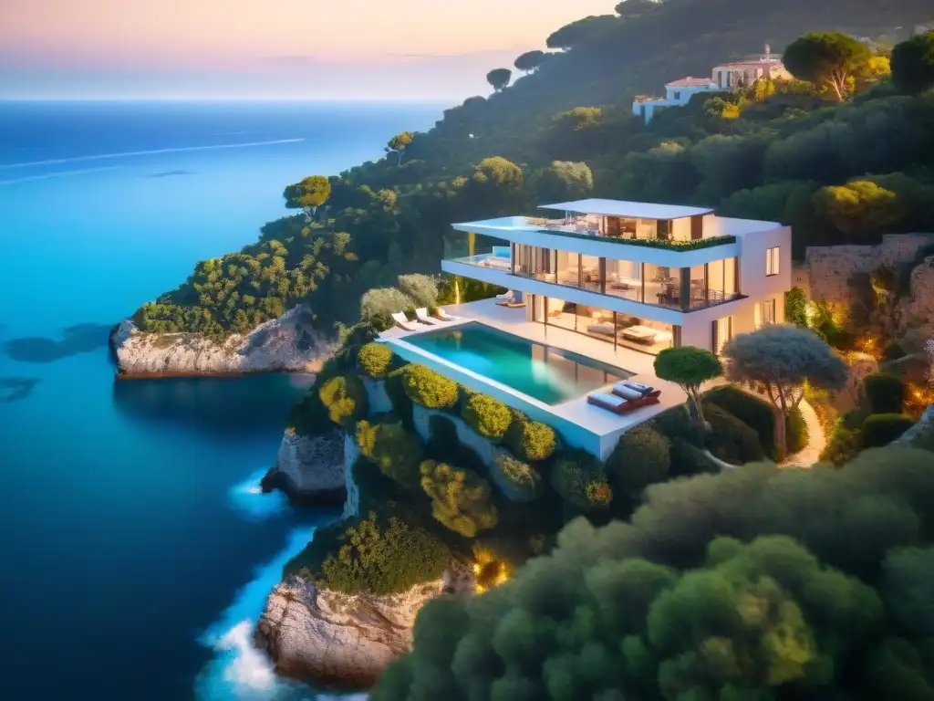 Villa de lujo con piscina infinita en acantilado de la Riviera Villa de lujo en la Riviera con infinity pool, ventanales y atardecer dorado sobre el mar