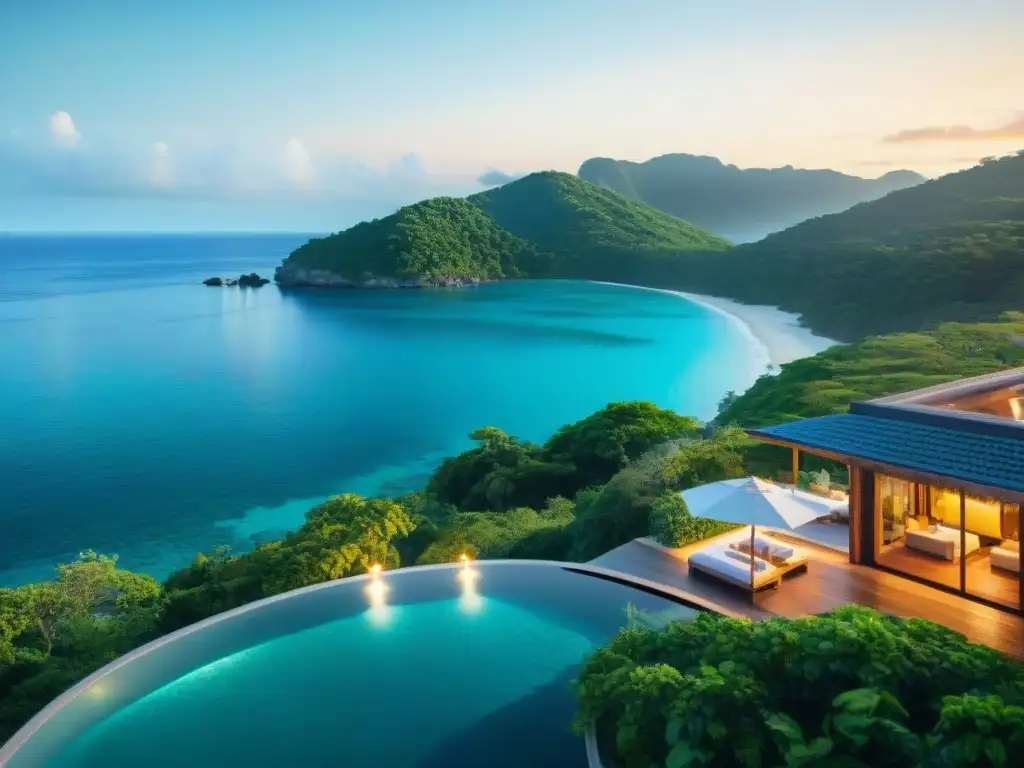 Villa de lujo frente al mar en paraíso turquesa Una villa lujosa frente al mar, con moderna arquitectura y piscina infinita privada, rodeada de exuberante vegetación
