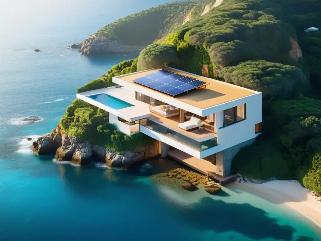 Villa de lujo con domótica en acantilado frente al mar Villa moderna en acantilado con domótica en propiedades costeras, rodeada de vegetación exuberante y bañada por la luz dorada del sol