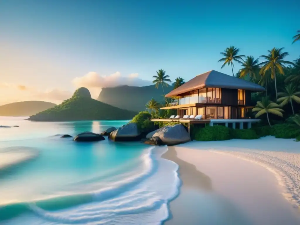 Villa de lujo frente al mar: sueña con tu paraíso costero Villa moderna en la costa con palmeras, aguas turquesas y playa blanca