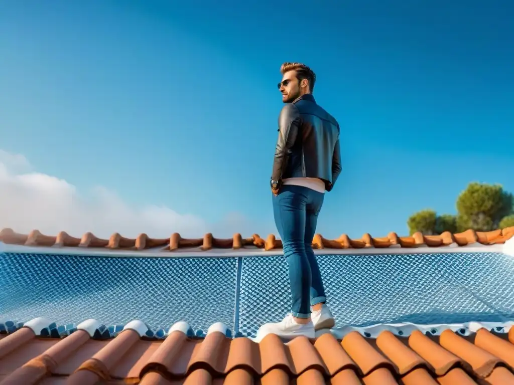 Villa playera con tejas españolas: fusión arquitectónica Una villa moderna en la costa con tejas españolas bajo un cielo azul, fusionando estilos arquitectónicos