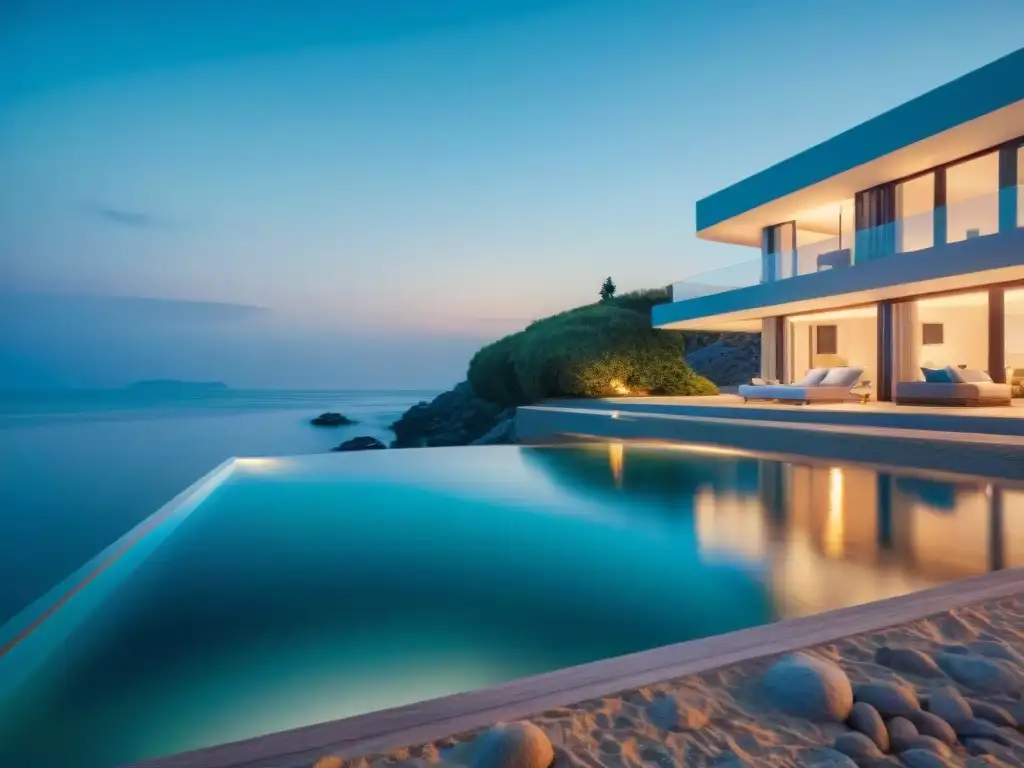 Villa de lujo junto al mar con iluminación inteligente al atardecer Villa moderna junto al mar con iluminación inteligente para propiedades costeras
