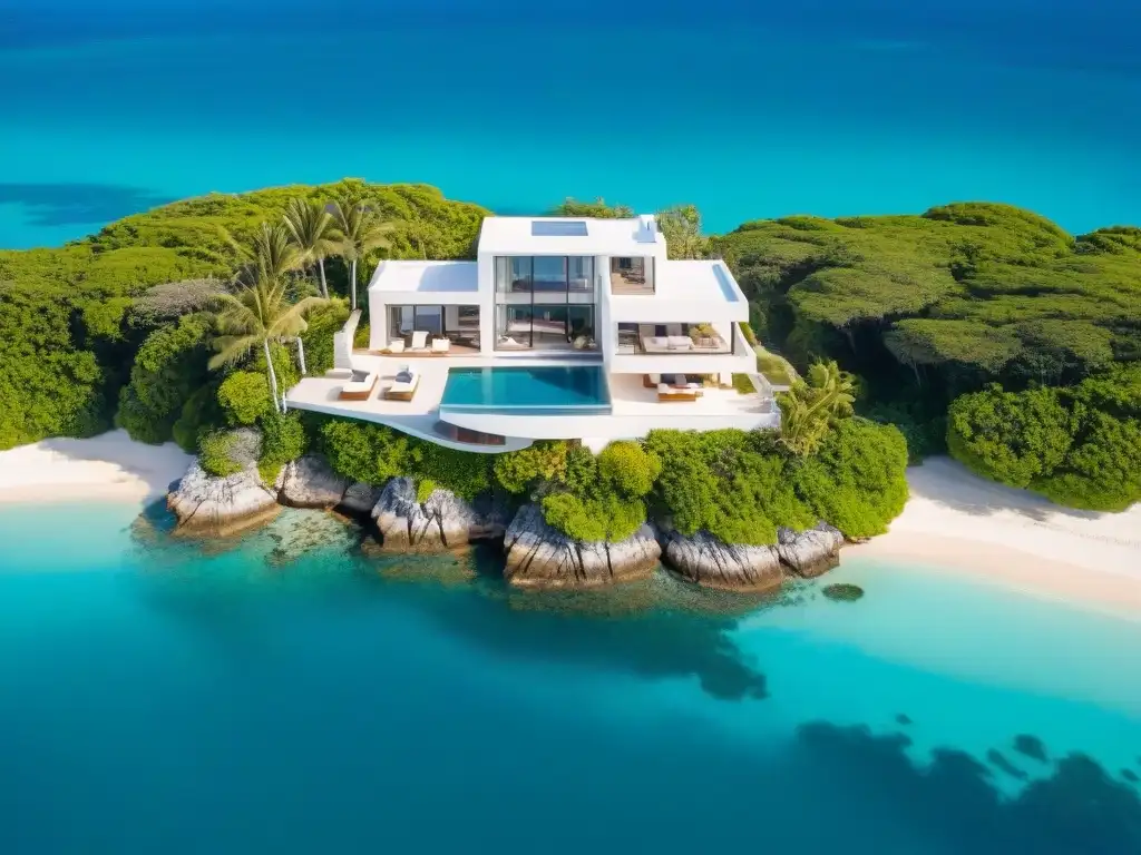 Propiedad costera de lujo: vista aérea con drone Villa moderna con piscina infinita y yate en marina