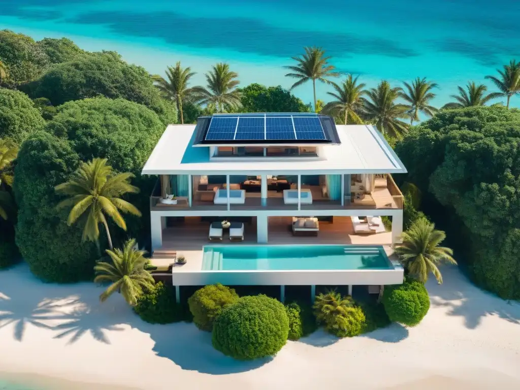 Villa de playa inteligente: lujo y tecnología frente al mar Villa moderna en playa con domótica, rodeada de palmeras y aguas turquesas