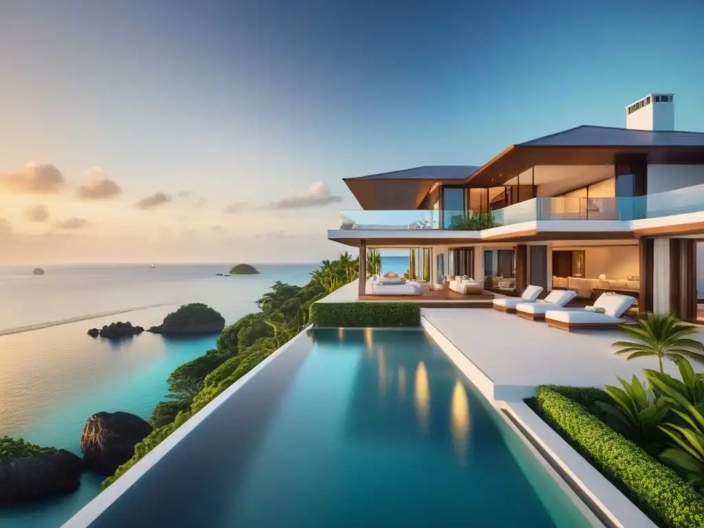 Villa moderna de lujo en playa al atardecer Una villa moderna con vista al mar al atardecer, piscina infinity, jardines tropicales y yate en muelle privado